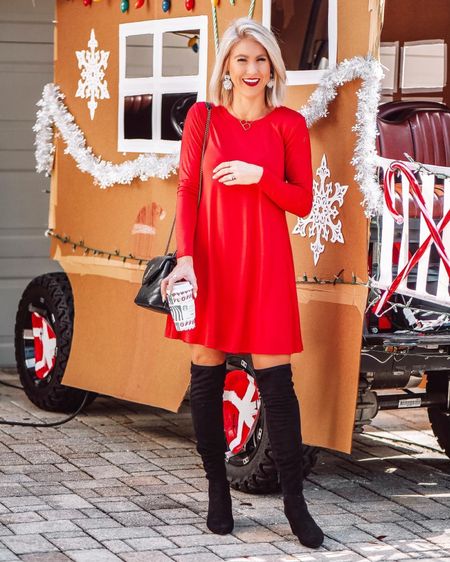 Amazon swing dress. Perfect holiday dress. Eat all you want and feel comfy. Comes in tons of colors short sleeve or long sleeve red Christmas dress over the kneee boots on sale holiday Christmas earrings 

#LTKHoliday #LTKunder50 #LTKSeasonal
