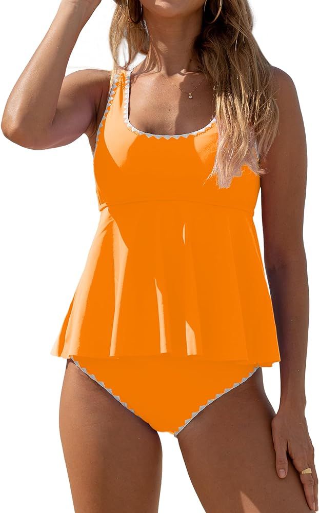 Beachsissi Women Tankini Swimsuit Flower Print Ruffle Hem Tummy Control Bathing Suit | Amazon (US)