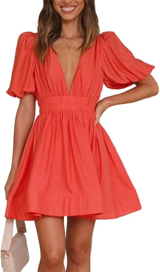 HOULENGS Women's Summer Puff Short Sleeve Mini Dress Deep V Neck A Line Swing Sundress | Amazon (US)