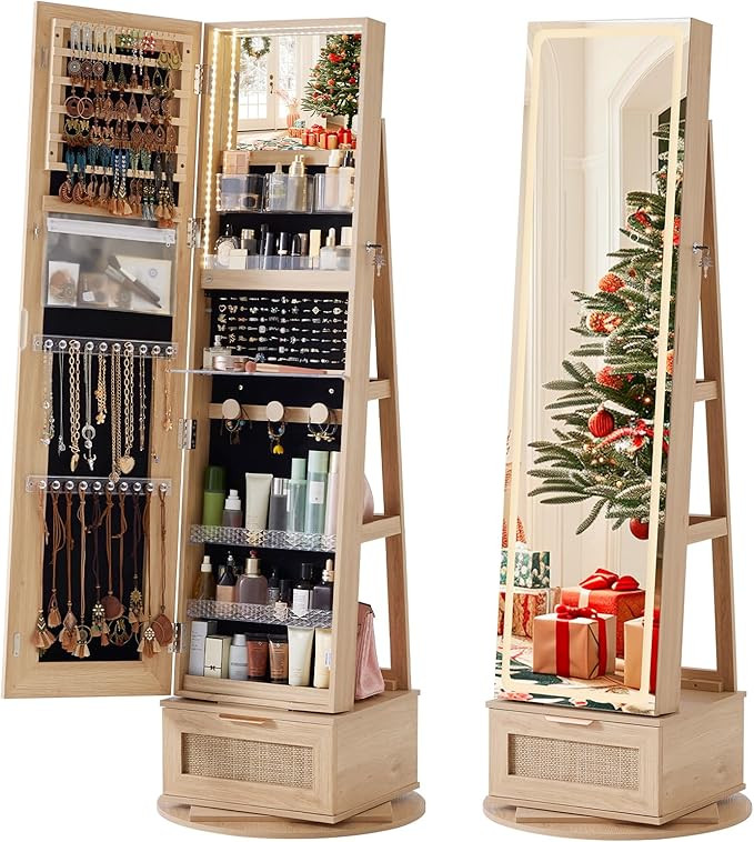 Rattan 360° Swivel Jewelry Armoire Cabinet Standing with Full Length Mirror, Lockable Jewelry Or... | Amazon (US)