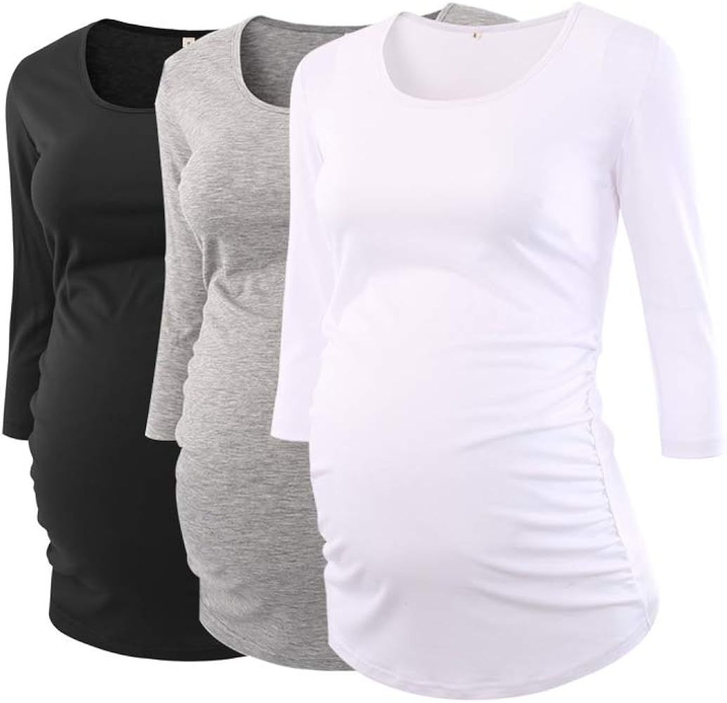 Women's Maternity Tops 3/4 Sleeve Round Neck Classic Side Ruched Pregnancy T-Shirt | Amazon (US)