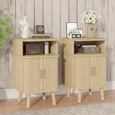 Erinisha Fluted Nightstand Set, Mid Century Modern End Table 2 PCS With Open Shelf and Cabinet, Curved Round Edge Wooden Bedside Table With Slide Door | Wayfair North America