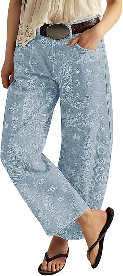 loveimgs Women Boyfriend Baggy Barrel Jeans Floral Print Denim Ankle Pants Wide Leg Mid Rise Jean... | Amazon (US)