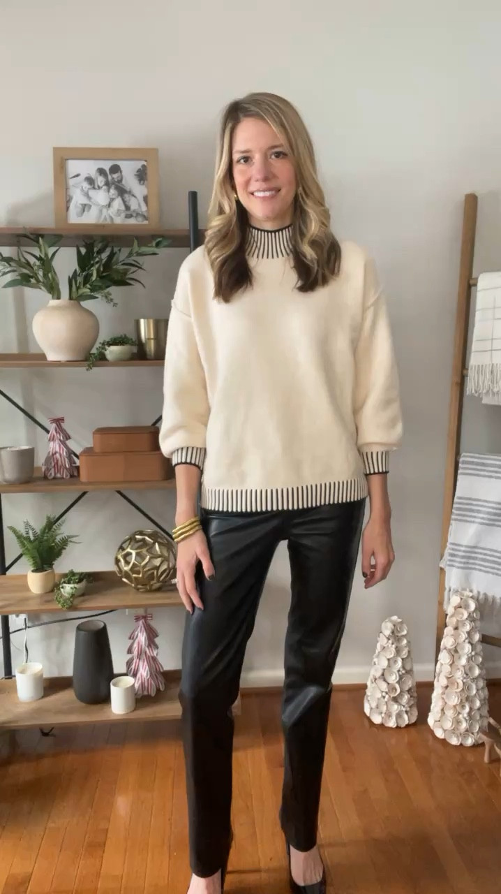 I can see why this sweater went viral, how cute is the striped neck and sleeves?! I can’t decide if I like it with faux leather pants or shorts & fleece lined tights better?!

Oh and if you’re wondering it’s 40% off right now!! 👏👏

Which do you prefer?! 

#affordablefinds #ootd #styleinspiration #viralsweater #winteroutfit #black&white #styleover30 #fleecetights #millennial #millennialstyle #gifts #giftsforher 



#LTKWorkwear #LTKSaleAlert #LTKHoliday