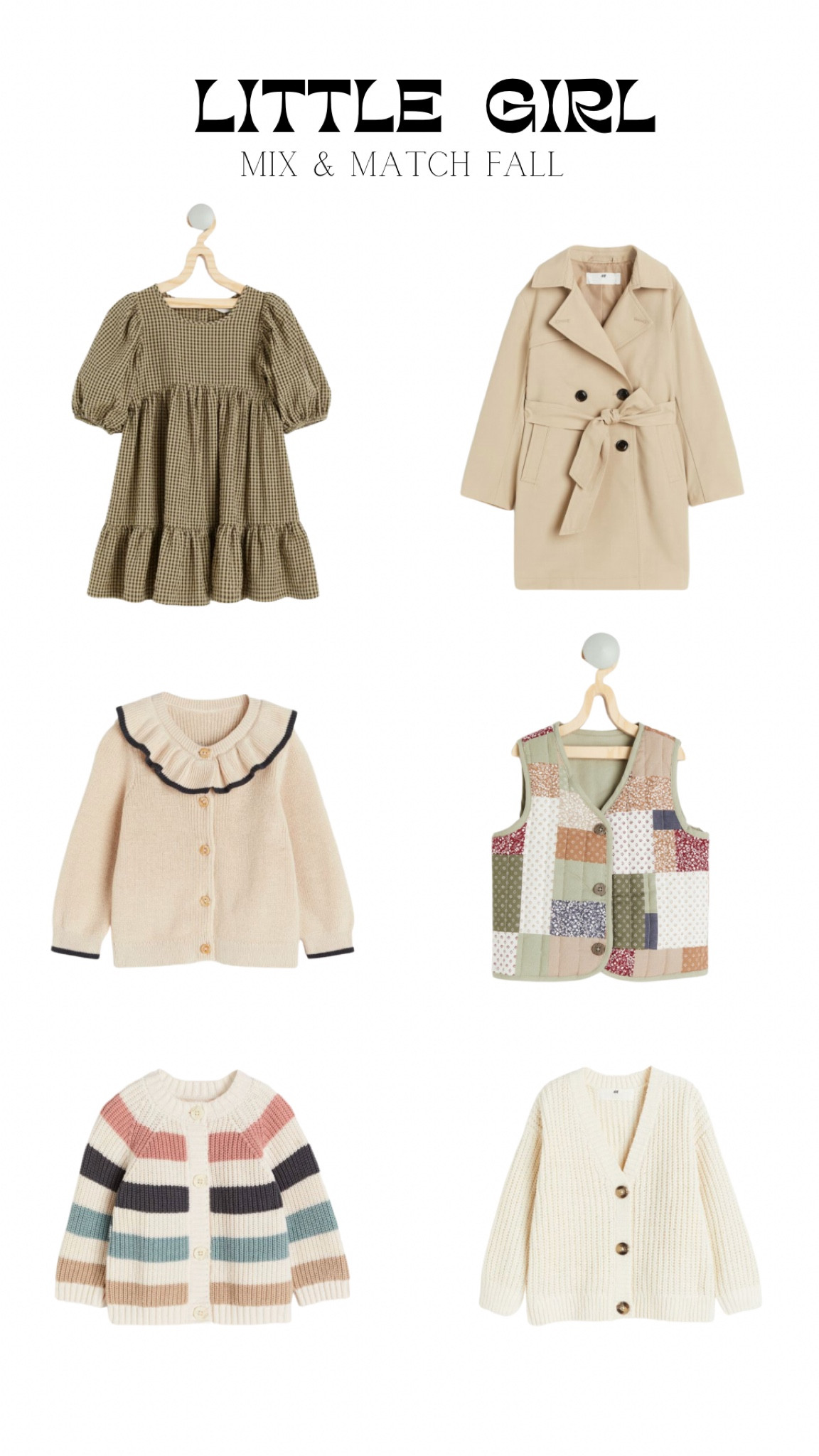 Fall mix and match pieces for little girls, toddlers and kids

Trench coat sweater cardigan white cream quilted patchwork stripes