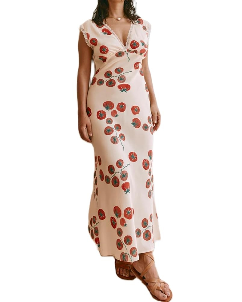 Women V Neck Maxi Dress Y2k Floral Print Backless Long Slip Dress Sleeveless Lace Trim Summer Boh... | Amazon (US)