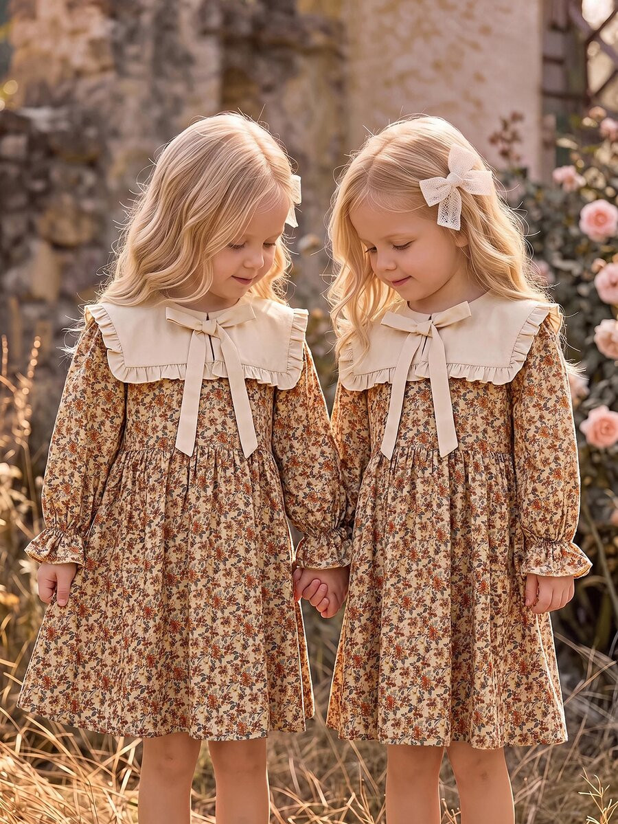 Kids Young Girl Vacation Floral Bow Decor Long Sleeve Cute Dress | SHEIN