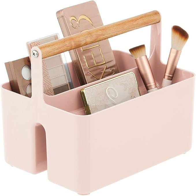 mDesign Plastic Divided Cosmetic Organizer Caddy Tote Bin with Bamboo Handle for Bathroom Vanity ... | Amazon (US)