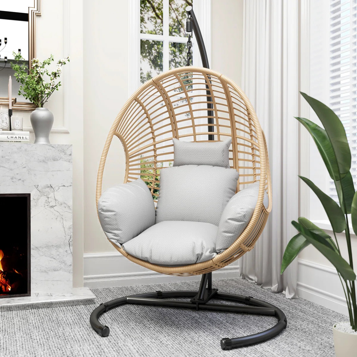 Outdoor Hanging Egg Chair PE Rattan Wicker Patio Swing Chair With Stand Cushion Rain Cover | Wayfair North America