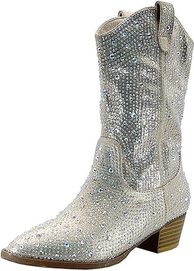 Forever Girls/Kids Rhinestone Western Cowgirl Cowboy Pointed Toe Low Heel Boots | Amazon (US)
