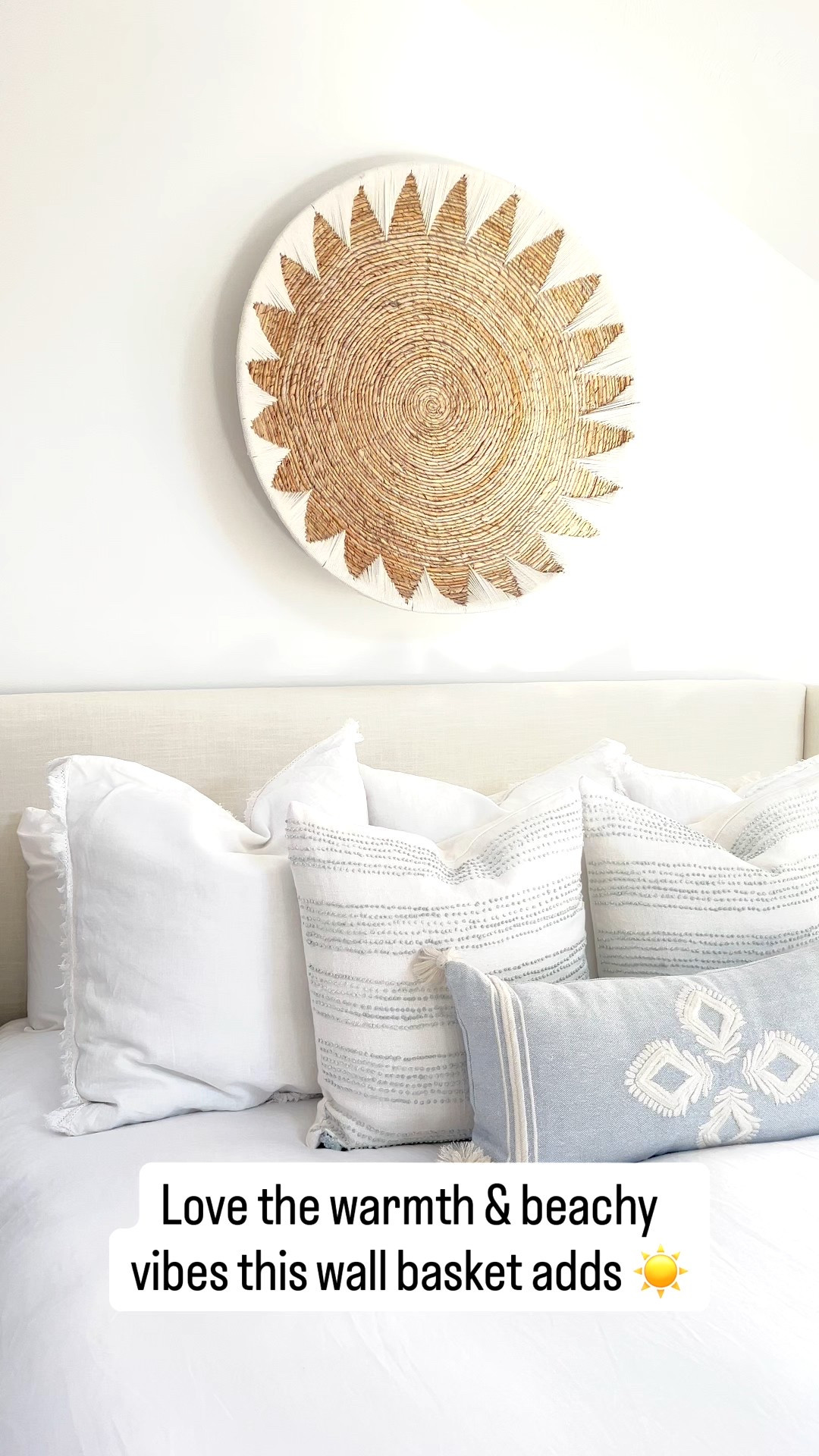 A wall basket is a great alternative to traditional artwork over a bed & it adds so much warmth to s a space! Also, my bed and pillow covers are currently on sale!
----- coastal bedroom decor, primary bedroom decor, coastal artwork, coastal boho art, art for above bed, wall decor for above bed, pottery barn wall baskets, bed pillows, bed pillow styling, amazon pillow covers, serena & lily pillow covers, blue & white pillow covers, white duvet covers, pottery barn duvet covers, linen duvet covers, coastal bedding, primary bedroom bedding, master bedroom decor, coastal bedroom ideas, upholstered bed, wayfair beds, king size beds, lumbar pillow, linen pillow covers

#LTKSaleAlert #LTKHome