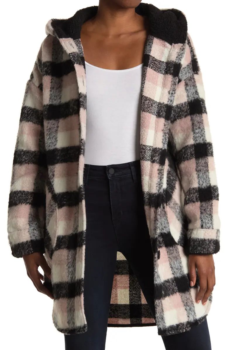 Faux Shearling Lined Hood Plaid Tunic Shacket | Nordstrom Rack