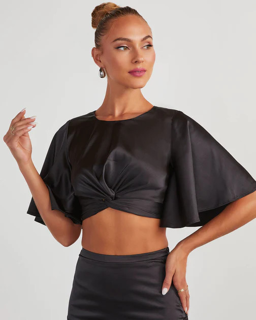 Zayda Satin Twist Front Crop Top - Black | VICI