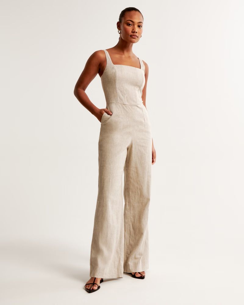 Women's Squareneck Linen-Blend Jumpsuit | Women's New Arrivals | Abercrombie.com | Abercrombie & Fitch (US)