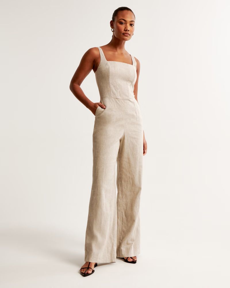 Women's Squareneck Linen-Blend Jumpsuit | Women's Dresses & Jumpsuits | Abercrombie.com | Abercrombie & Fitch (US)
