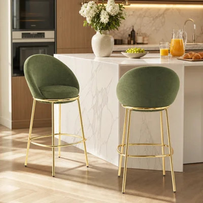Olive green velvet bar stools with gold legs, set of 2