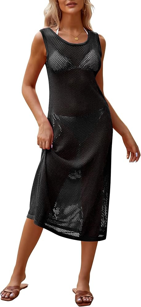 Caracilia Women Swimsuit Cover Up Summer Sleeveless Striped Crochet Knit Swim Bathing Suit Swimwe... | Amazon (US)