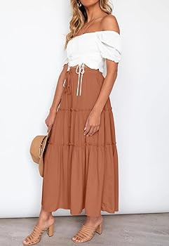 HAEOF Women's Boho Elastic High Waist A Line Ruffle Swing Beach Maxi Skirt with Pockets | Amazon (US)