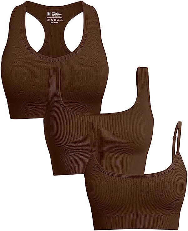OYS Women's 3 Piece Ribbed Seamless Gym Crop Tank Top Removable Cups Workout Yoga Sport Bra | Amazon (US)