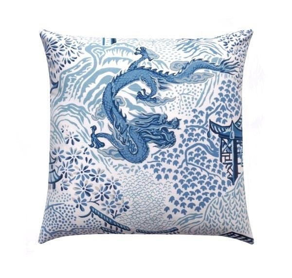Blue Chinese Dragon Chinoiserie Toile Pillow | Land of Pillows