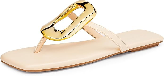 Coutgo Womens Flat Sandals Comfortable Flip Flops Slide Sandals Summer Beach Shoes with Metal Dec... | Amazon (US)