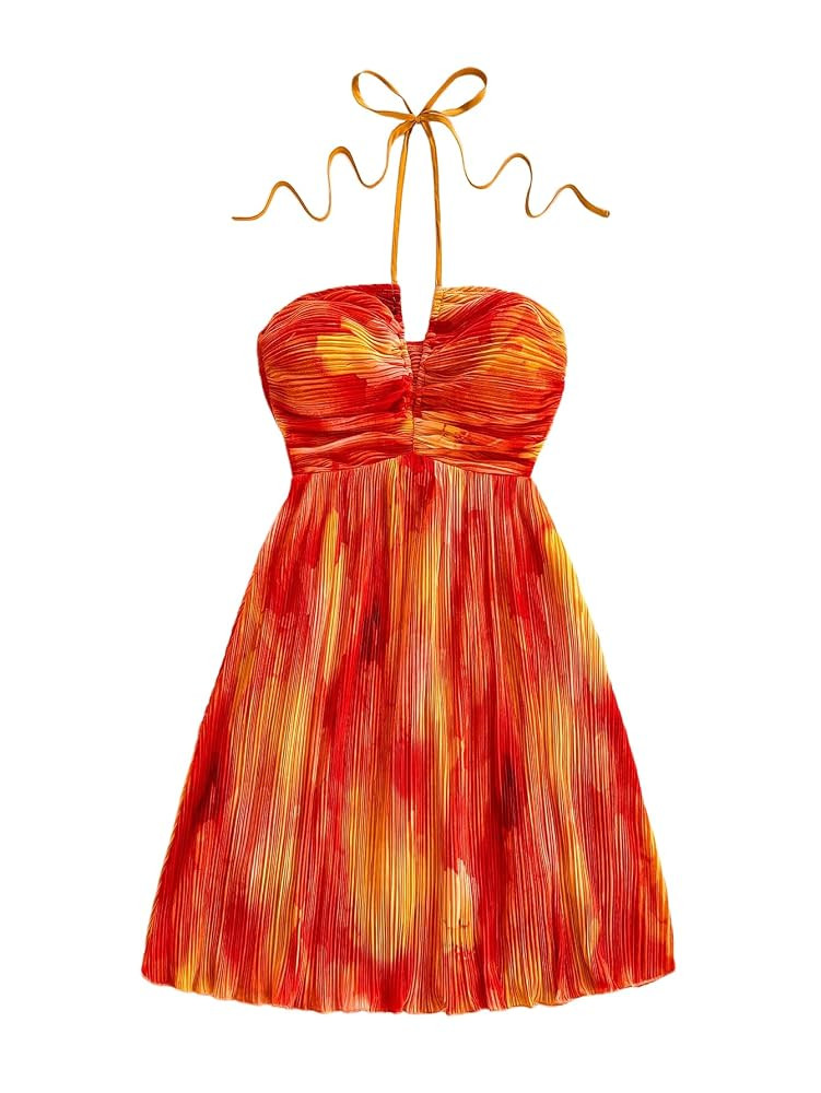 Floerns Women's Tie Dye A Line Flowy Halter Mini Dress Sleeveless Ruched Flare Hem Sundresses | Amazon (US)
