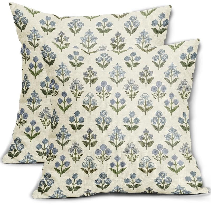 Blue Green Block Print Pillow Covers 18x18 Inch Set of 2, Vintage Floral Spring Decorative Throw ... | Amazon (US)