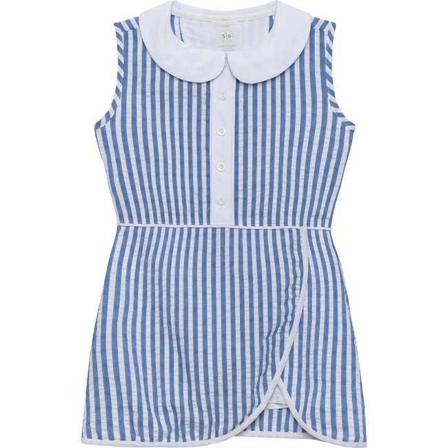 Girls Seersucker Stripe Tennis Skort Dress, Blue Seersucker | Maisonette
