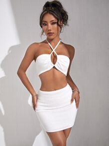 Crisscross Tie Backless Crop Halter Top & Bodycon Skirt
   SKU: sw2203245444352456      
        ... | SHEIN