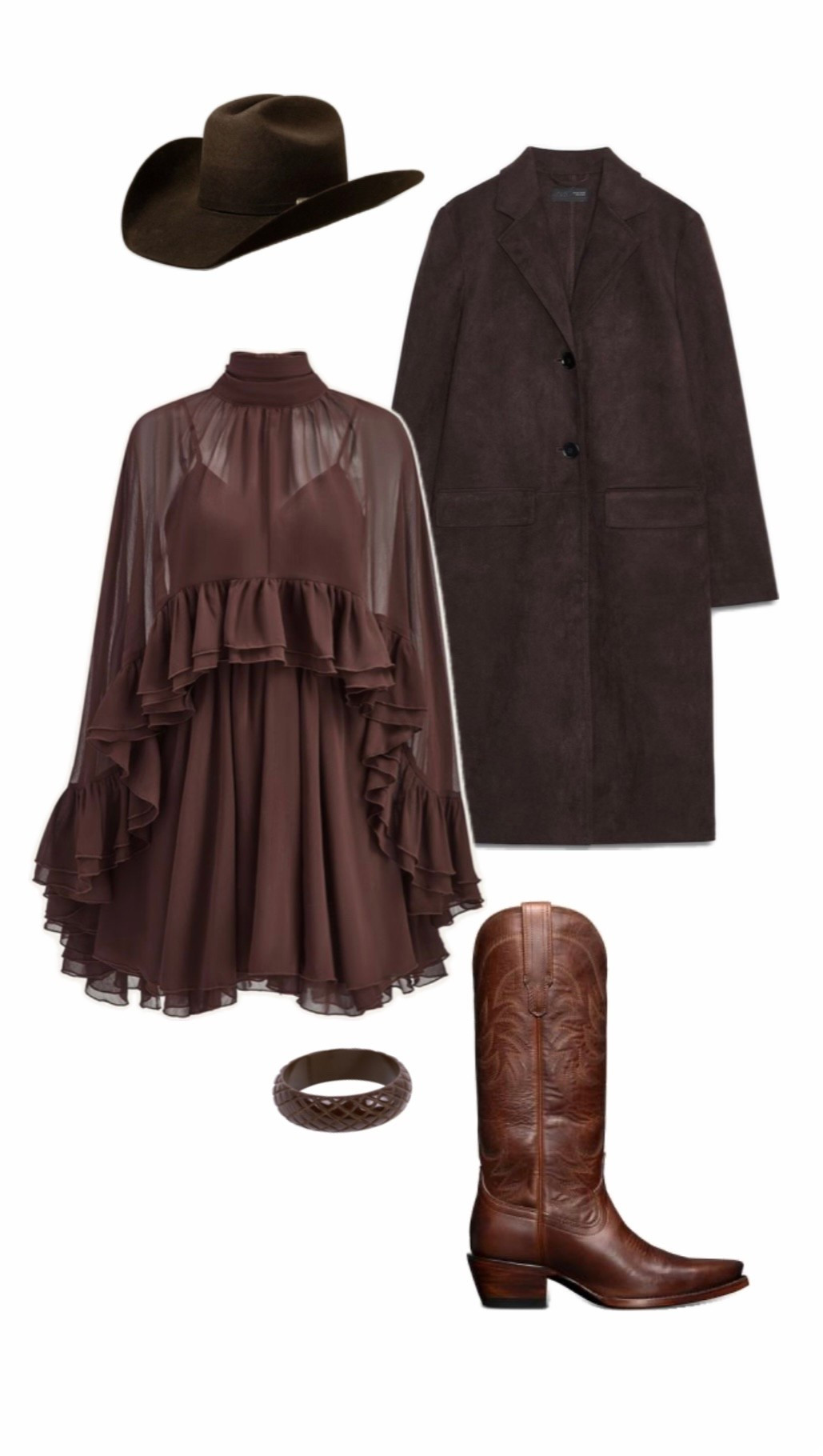 Brown ruffle dress and Tecovas cowboy boots! Western chic style ✨🤠