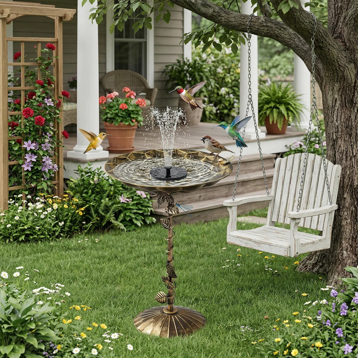 Antique Bronze Butterfly And Floral Pedestal Bird Bath With Integrated Solar Fountain And Heavy-D... | Wayfair North America
