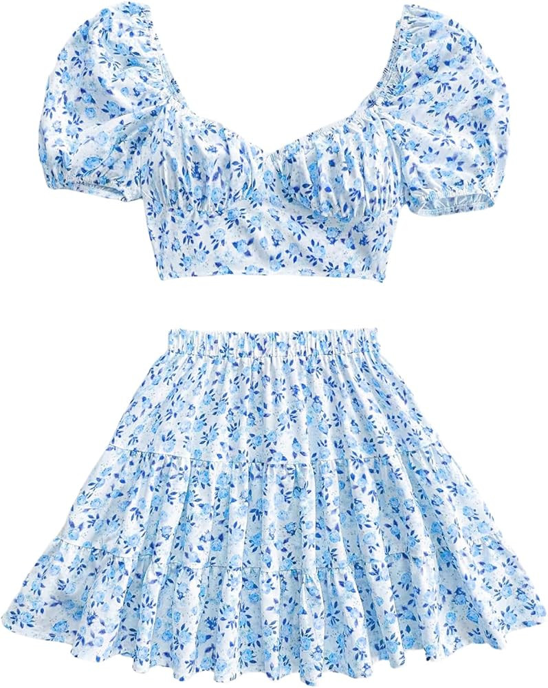 Floerns Women's 2 Piece Outfit Floral Ruched Bust Crop Top Layered Ruffle A Line Skirt Set | Amazon (US)