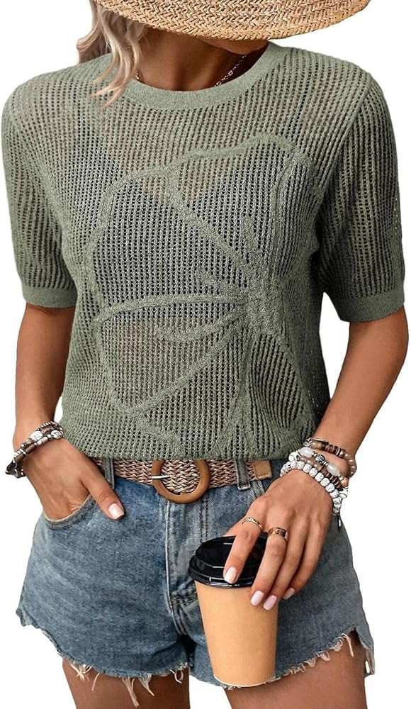 Dokotoo Womens Summer Short Sleeve Crochet Tops Hollow Out Floral Sweaters Beach Vacation Cruise ... | Amazon (US)