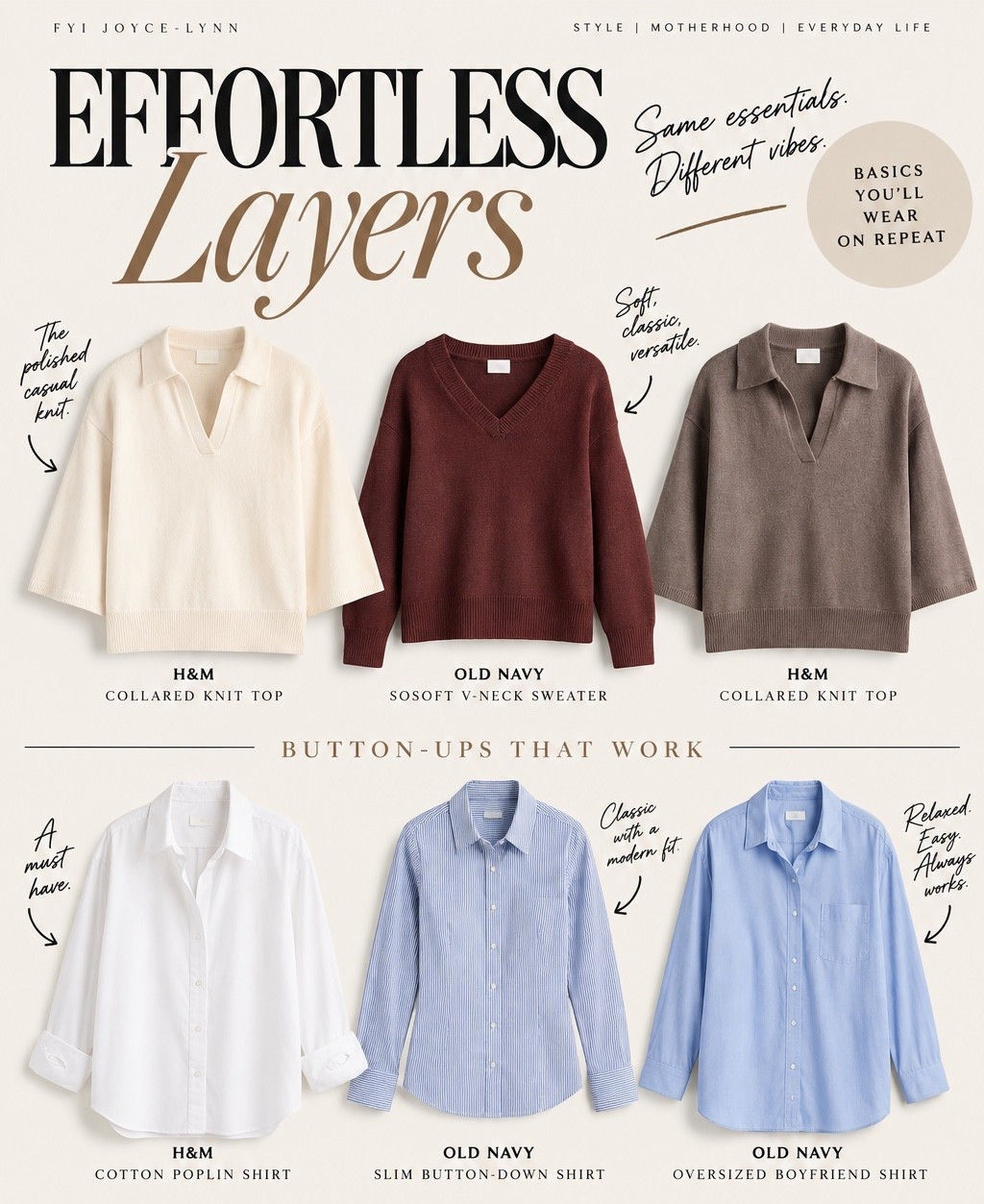 Getting dressed shouldn’t be another thing on your never-ending to-do list. These are the pieces I reach for when I want to look put together without putting too much thought into it a good button-up, an easy knit, and pieces that can be worn more than one way.

Because when motherhood is already motherhood-ing, your closet should make your morning easier, not harder.

Save these basics for your next wardrobe refresh + shop my picks here on LTK. 

#LTKStyle

#LTKootd #LTKmomlife #LTKMidsize