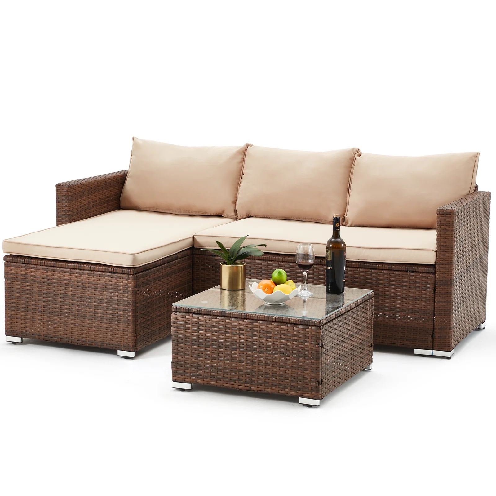 AVAWING 3PCS Patio Furniture Set, Outdoor Sectional Wicker Rattan Sofa Set for 3 People, Beige - ... | Walmart (US)