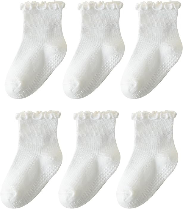ANYANIME Toddler Socks Ruffle for Girls Baby Grip Socks Non Slip Cute Frill | Amazon (US)