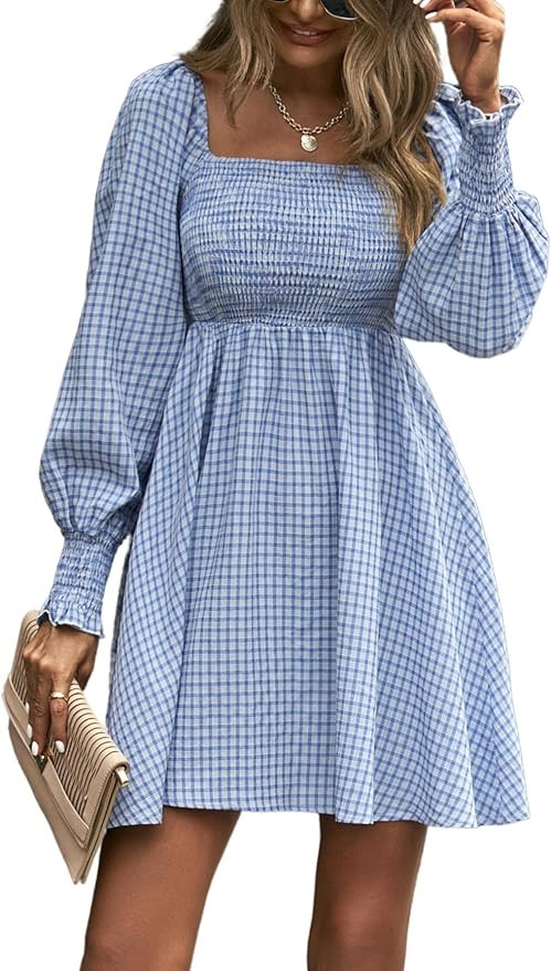 Dokuritu Women's Summer Lantern Sleeve Square Neck Dress Off Shoulder Open Back Cute Babydoll A-l... | Amazon (US)