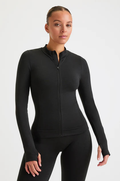 SCULPT SEAMLESS ZIP THROUGH LONGLINE JACKET - BLACK MARL | TALA (UK)