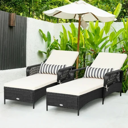 Gymax Set of 2 Adjustable Patio Rattan Lounge Chair Chaise Recliner w/ Cushion & Pillow | Walmart (US)