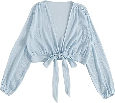 LYANER Women's Deep V Neck Tie Front Knot Long Sleeve Sexy Wrap Crop Top Blouse | Amazon (US)