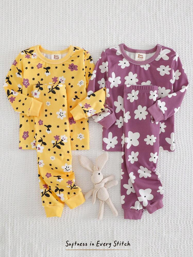 Cozy Pixies Baby Girl 4-Piece Snug Fit Pajamas Set - Floral Print Soft Knit Crew Neck Long Sleeve Top And Elastic Waist Long Pants Tight Fit Pajama Tight Fit Baby Girl Pajama Sets Toddler Pajama Set Floral Baby Pajamas 2 Piece Pajamas Toddler Newborn Baby Pjs Toddler Sleep Wear Baby Pj Set Toddler Pajamas Toddler Sleepwear Fall Winter | SHEIN