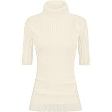 v28 Women Turtleneck 1/2 Half Sleeve Highly Stretchy Ribbed Knit Fitted Sweater | Amazon (US)