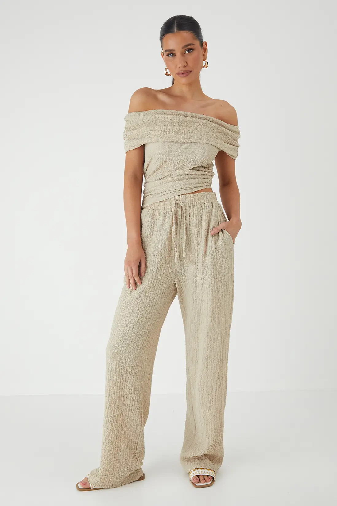 MissPap Crinkle Textured Wide Leg Trousers | PrettyLittleThing US