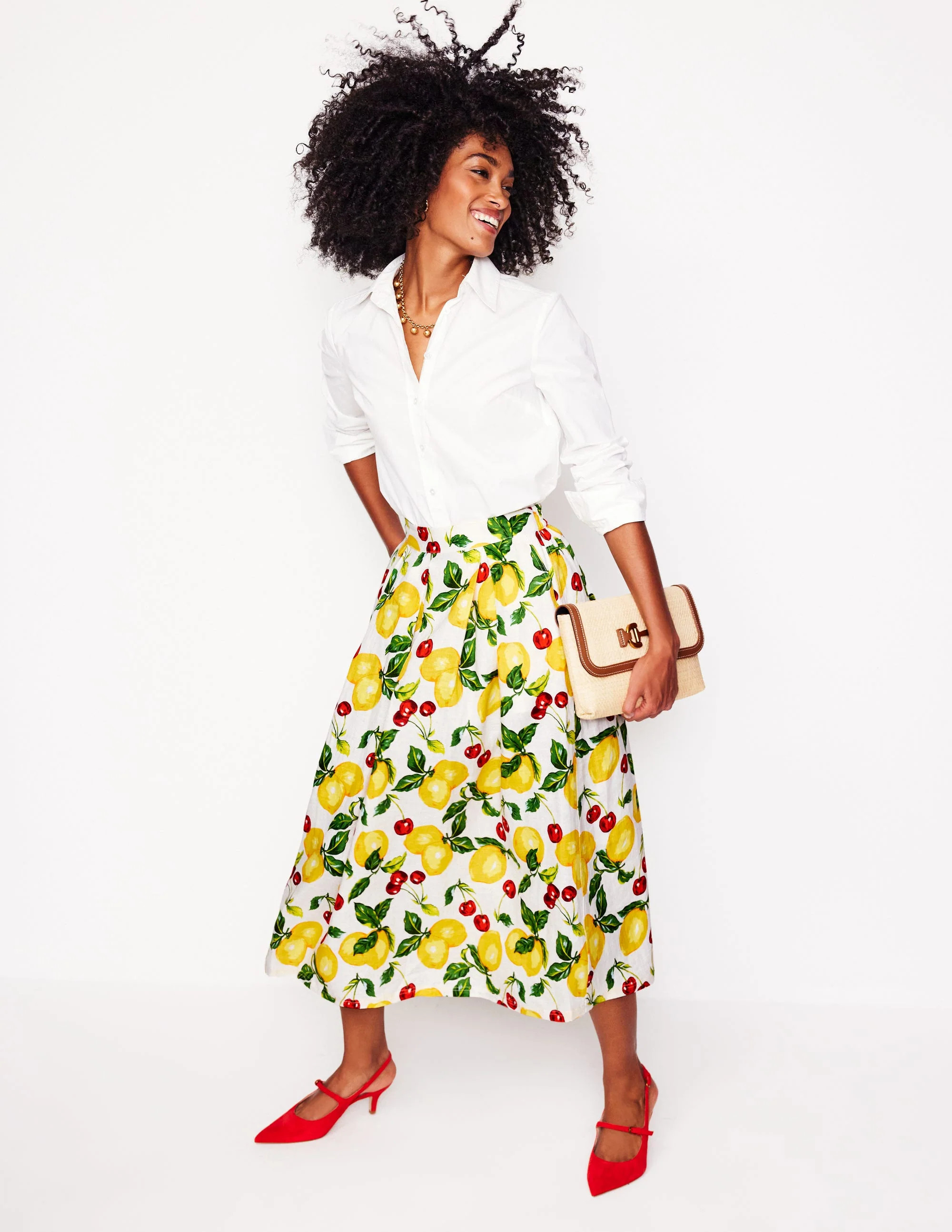 Verity Linen Midi Skirt-Ivory, Cherries and Lemons | Boden (US)
