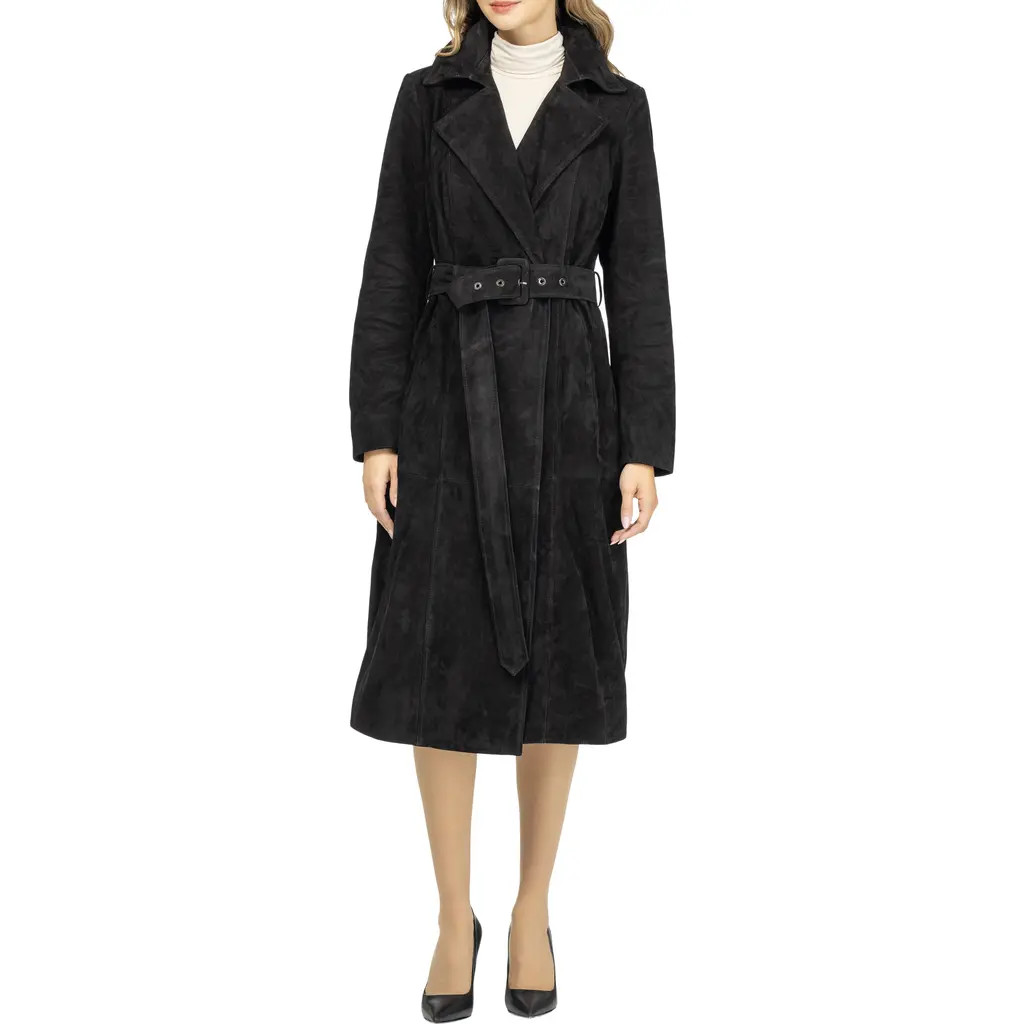 GORSKI Metis Suede Belted Trench Long Coat in Black at Nordstrom, Size Large | Nordstrom