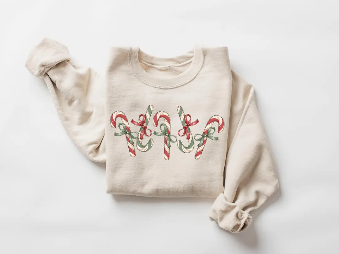 Candy Cane Christmas Sweatshirt: Festive Holiday Bow Crewneck - Etsy | Etsy (US)