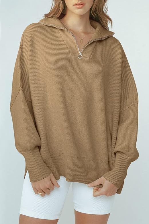 LILLUSORY Women's Long Sleeve 1/4 Zipper Collar Drop Shoulder Oversized Split Hem Slouchy Sweatshirt | Amazon (US)