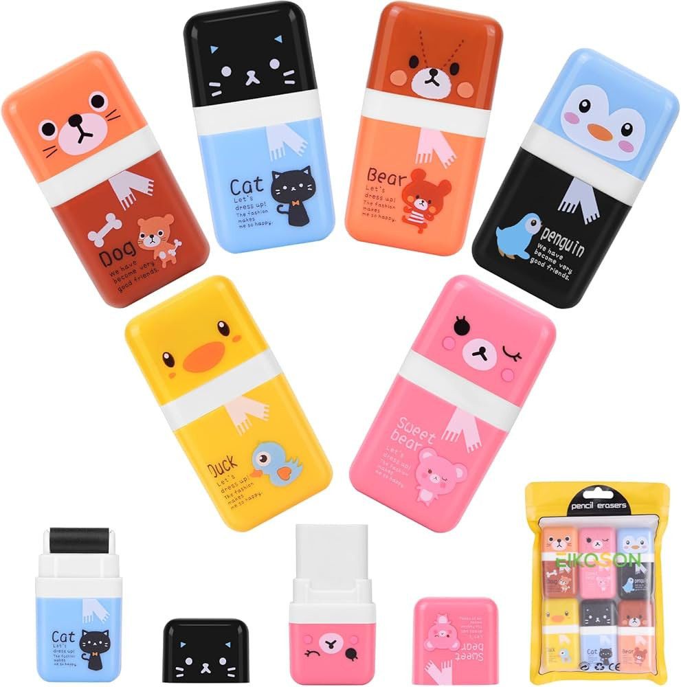 6 Pack of Pencil Erasers, Kids Eraser with Roller and Cover, Fun and Cute Animal Themed Eraser, G... | Amazon (US)