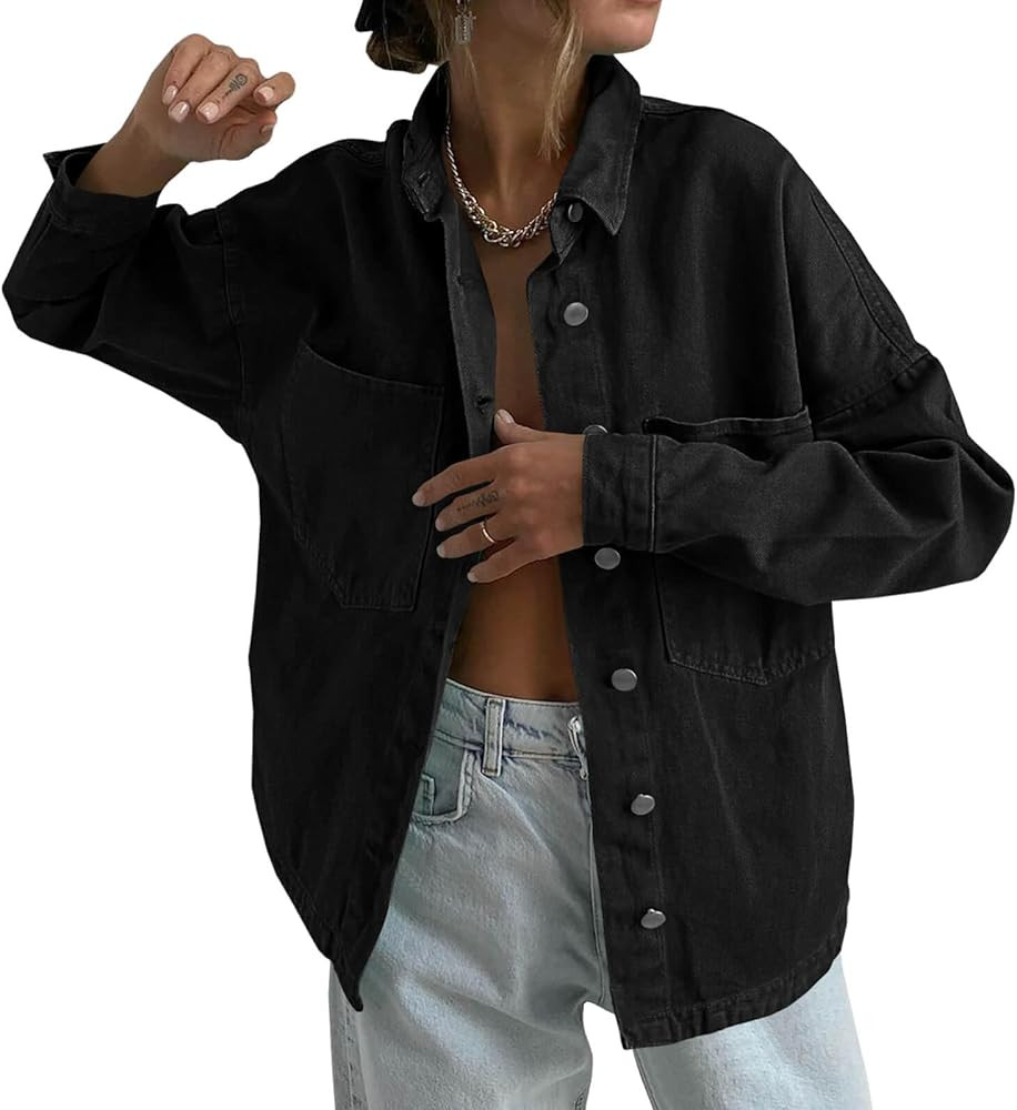 Tankaneo Womens Oversized Denim Shirt Jacket Button Down Long Sleeve Fall Casual Jean Shackets | Amazon (US)