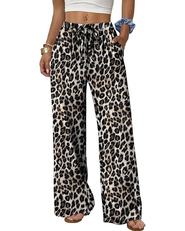 Sampeel Wide Leg Pants for Women Flowy Palazzo Drawstring Elastic Waist Trousers with Pockets Sum... | Amazon (US)